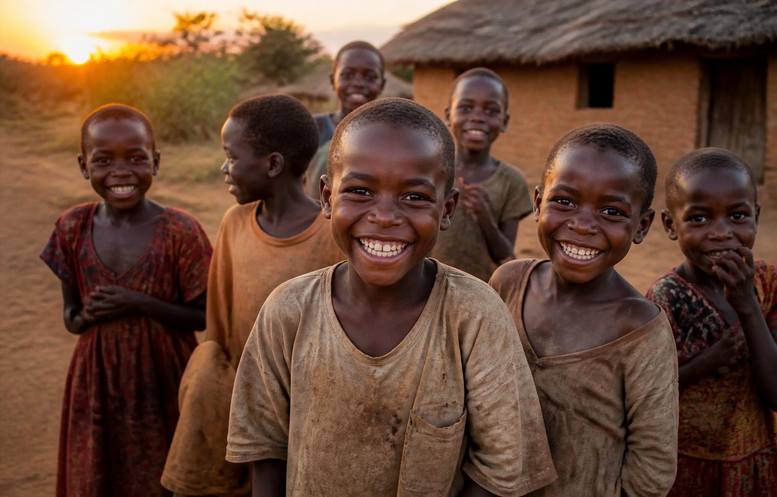 Ugandan children smiling in a village at golden hour